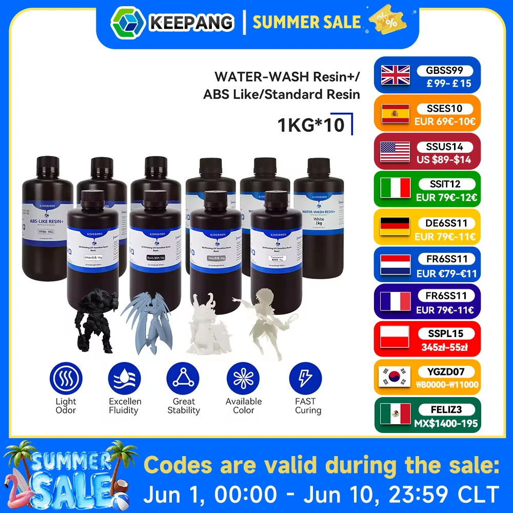 KEEPANG-resina de impresora 3D lavable con agua, 5KG/10KG, LCD, curación UV, 405nm, resina de fotopolímero estándar similar a ABS para impresión LCD 3D