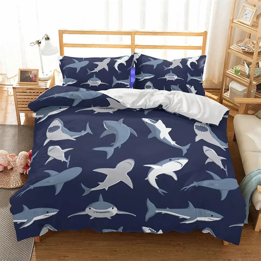 Shark Fish Print Duvet Cover Set Cute Underwater Animals Luxury Soft Bedding Set Children Teens Adults Blue Comforter Cover Sets
