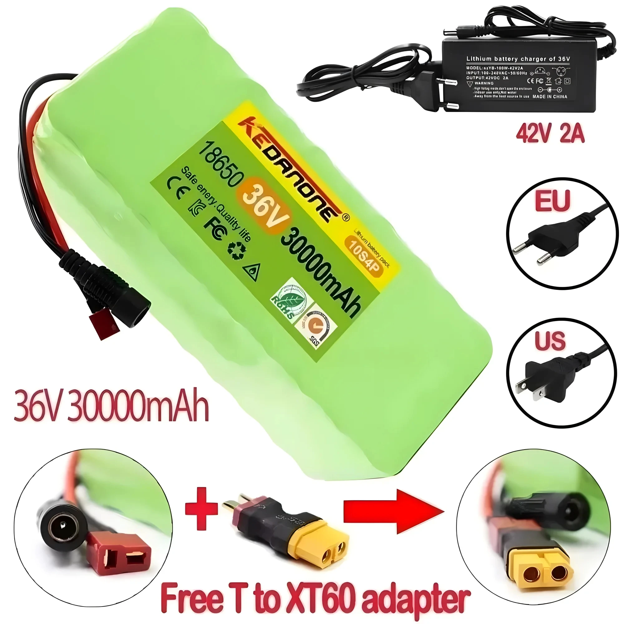 

Original 36v 30Ah 10S4P High Capacity 42V 18650 Lithium Battery Pack 30000mAh Electric Bicycle Scooter with BMS XT60 Plug 15 Bes