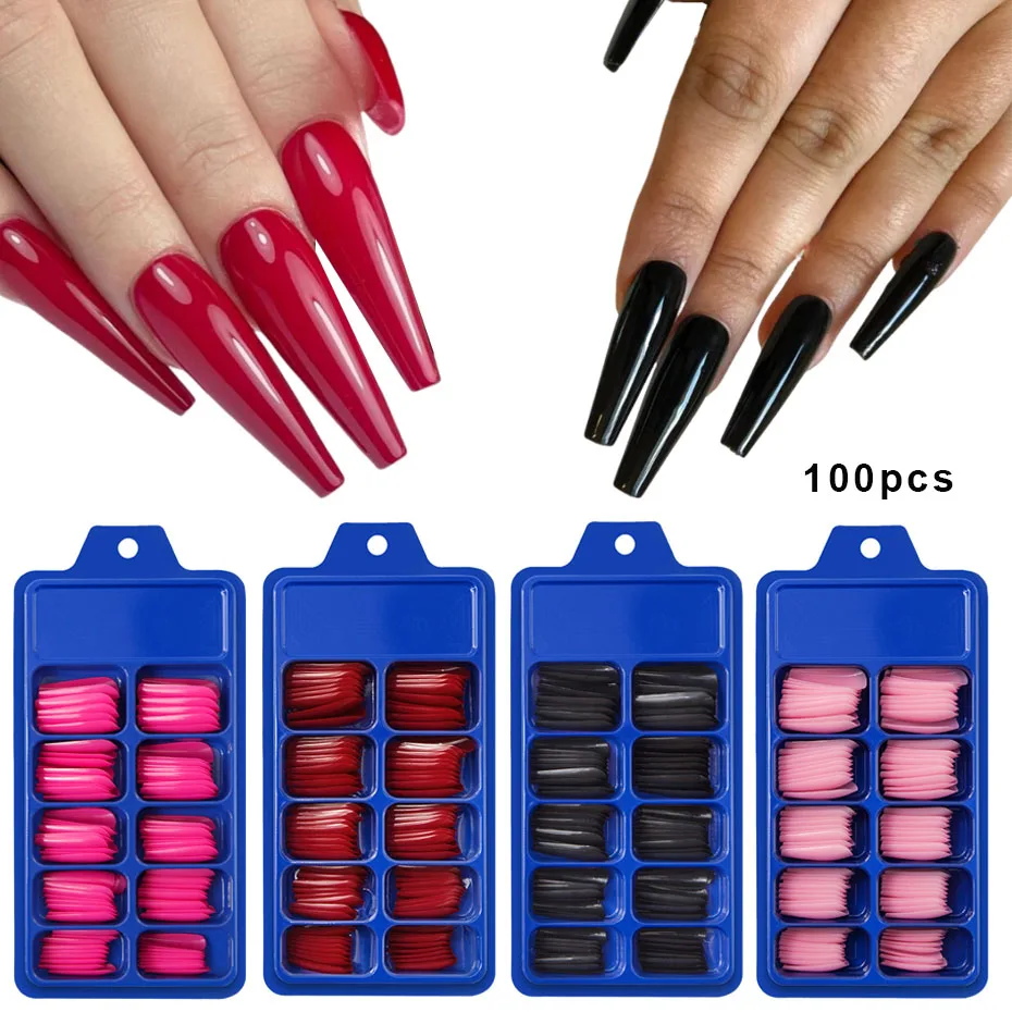 100pcs/Box Coffin False Nail Mixed Size Solid Color Artificial Extension Form For Full Fake Nails Accessories Tips Fingernails