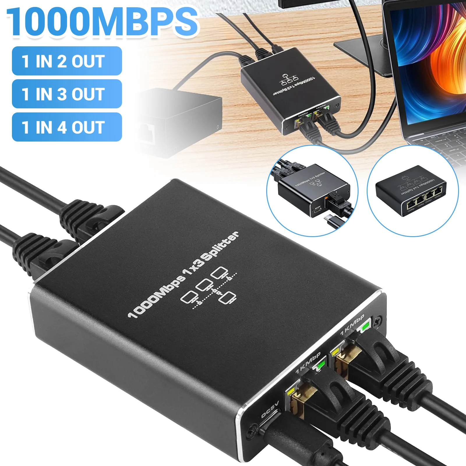1000Mbps Ethernet Splitter Adapter RJ45 Cable LAN Network Internet 1 -2/3/4 Out