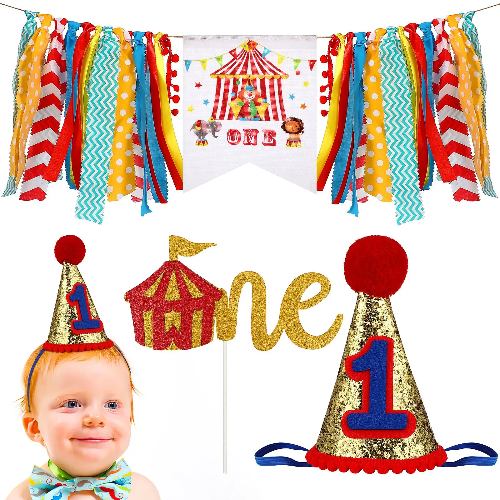 3-teiliges Partyzubehör für den ersten Geburtstag, Zirkus-Karnevalsthema, buntes Banner, Kuchenflagge, Hut, einjährige Geburtstagsdekorationen
