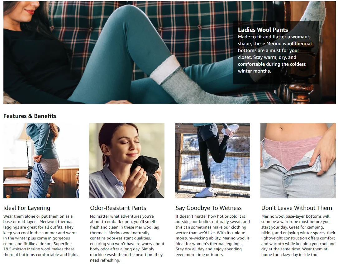 Description Picture 4 of item100% Merino Wool Womens Base Layer Thermal Pants Merino Wool Leggings Women Long Johns Breathable Thermal Underwear Bottoms
