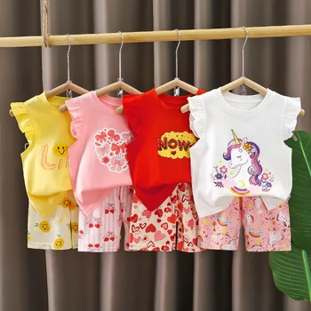 Set di vestiti per neonate per bambini T-shirt Top + Pantaloni corti Set di vestiti Set di vestiti per neonati estivi stampati carini per bambina