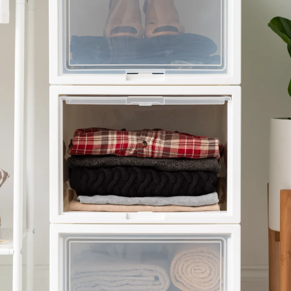 Deep Box Chest with Sliding Door, White, Set of 3 Storage Organizer