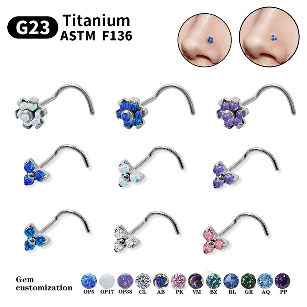 1 Stück Opal-Blumen-Piercing Nasenring und Ohrstecker G23 F136 Titan CZ Nasenring Damen Körperschmuck Mädchen Geschenk Allergievorbeugend – Detail 1