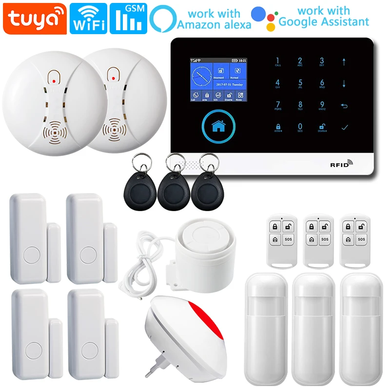 

Smart Alarm System For Home Sceurity 2.4 Inches Color Screen Tuya APP Control 433Mhz Wireless Wifi GSM Infrared Detectors System