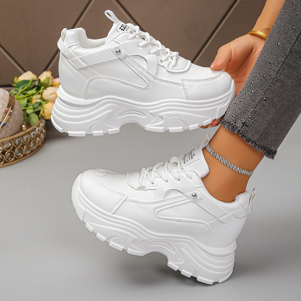 Women's Fashion White Platform Sneakers Thick Sole Non Slip Sports Shoes for Women Lace Up Height Increase Chunky Sneakers 35-42