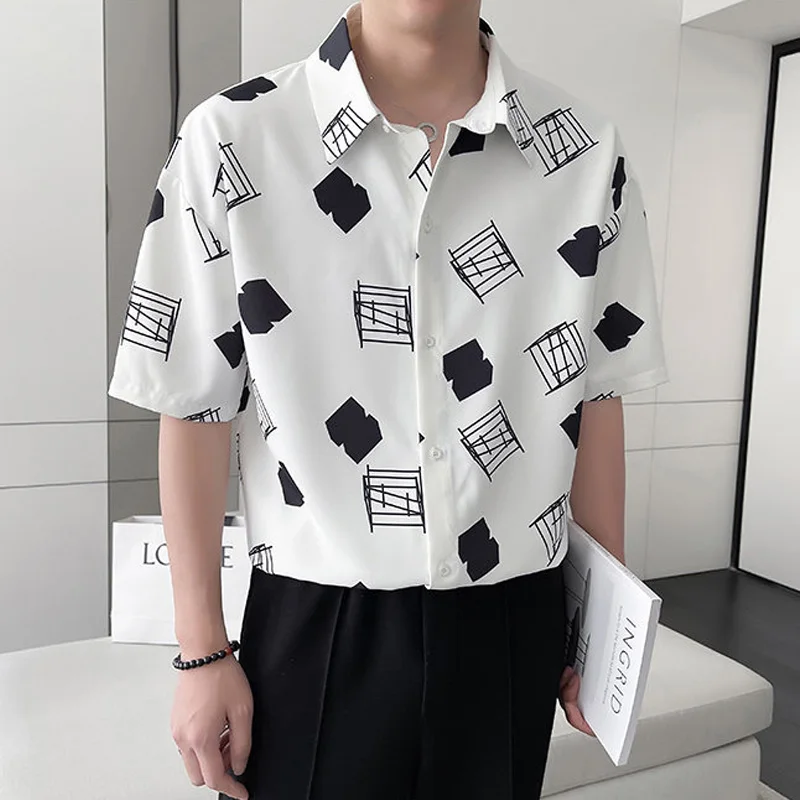 

Luxury Print Shirt Men Streetwear Summer Short Sleeved Loose Korean Camisas De Hombre Social Party Tuxedo Blouse Men Plus Size