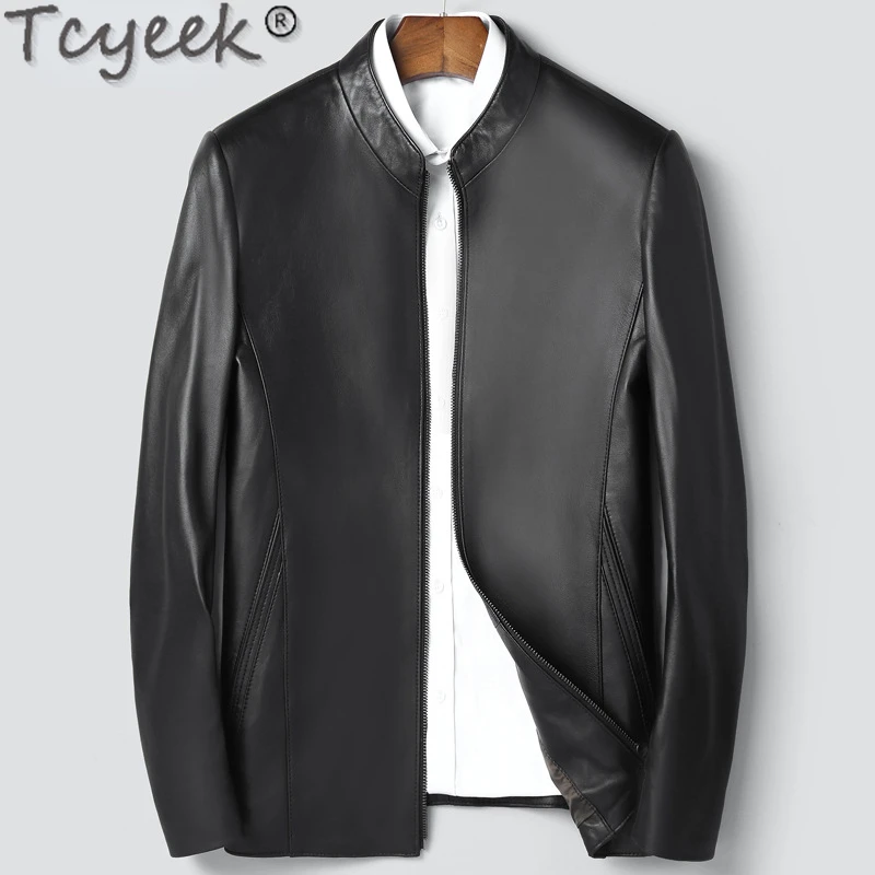 

Tcyeek Fashion Real Leather Jacket Men Stand Collar Spring Fall Black Sheepskin Coat New Motocycle Biker Jackets Man Clothing LM