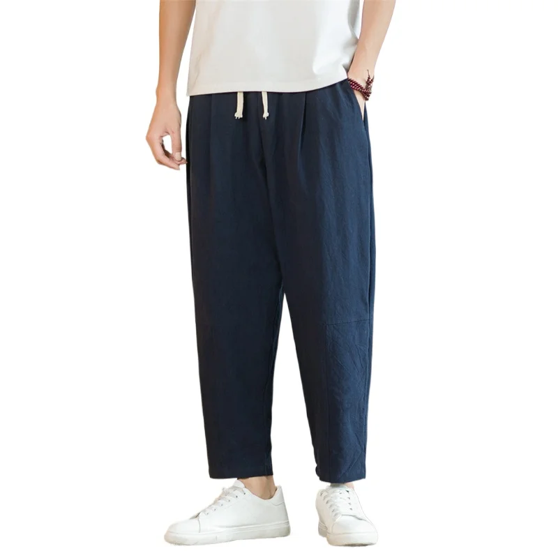 Streetwear Men Cotton Trousers Casual Solid Color Long Pants Breathable Drawstring Straight Pants Harem Pants Men Baggy Pants 4
