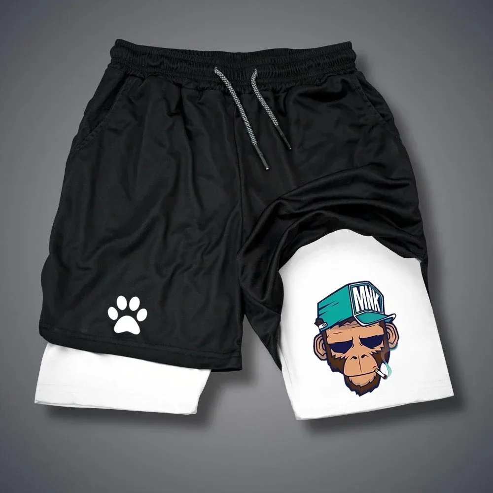 

Men Gym Casual Shorts 2 in 1 Performance Shorts Monkey Print Quick Dry Double-deck Running Workout Fitness Jogging Short Pants