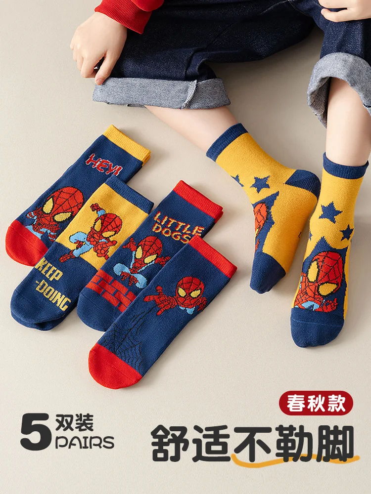 5 Pairs Marvel Kids Socks Spider-Man Kawaii New Fall Cartoon Boy Children Mid-calf Socks Cotton Sock for Boys Gifts - Image 3