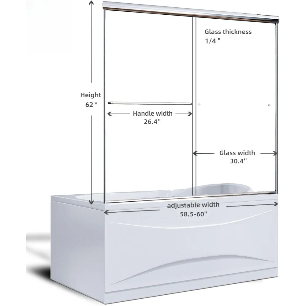 Bathtub Shower Door 60" W x 62" H Semi-Frameless Double Sliding Design Shower Tub Door 1/4" Clear Glass Panel, Chrome Finish 3