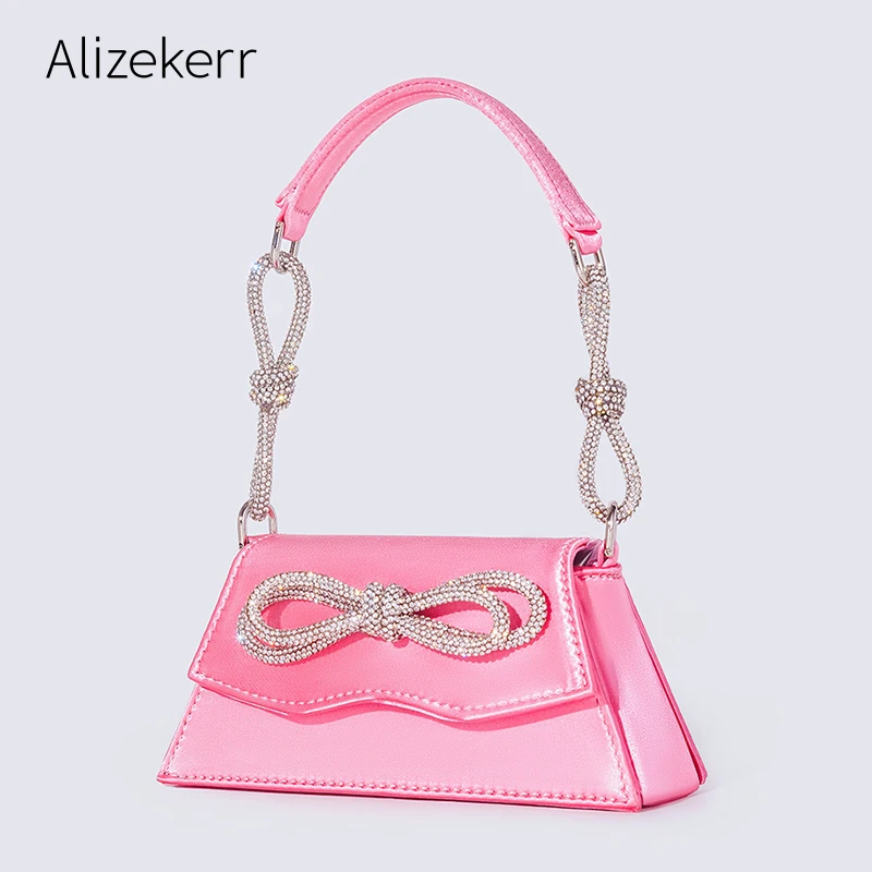 

Mini Rhinestone Bow Fashion Handbags For 2022 Women Chic Boutique Shiny Crystal Satin Small Evening Clutch Purse Wedding Party
