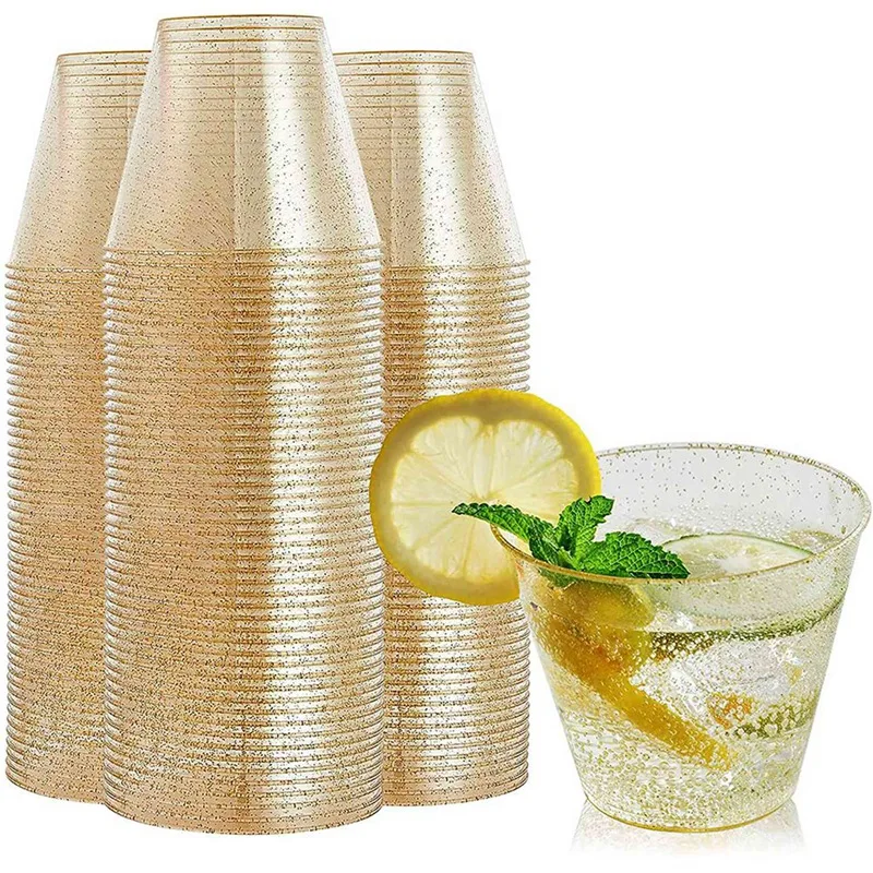 Gold Plastic Cups Clear Plastic Wine Glasses Fancy Disposable Hard Cups With Gold Glitter For Party 100Pcs