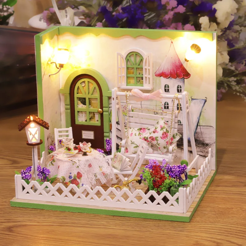 

Diy Doll House Mini Assembling Furniture Led Light With Dust Cover Wooden Miniature Creative Hand Crafts Secret Garden Dollhouse