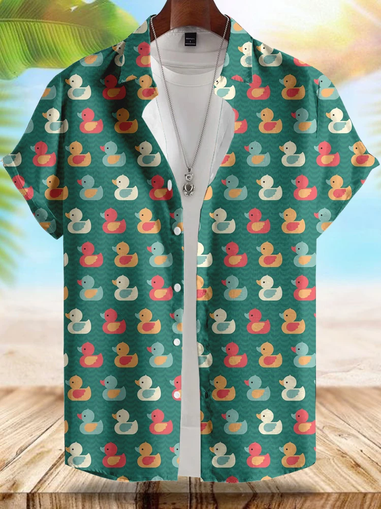 2024 Hawaii New Men's Short-sleeved Shirt Fashionable Yellow Duck Print Men's Casual Shirt Summer Street Daily Men's Shirt 6
