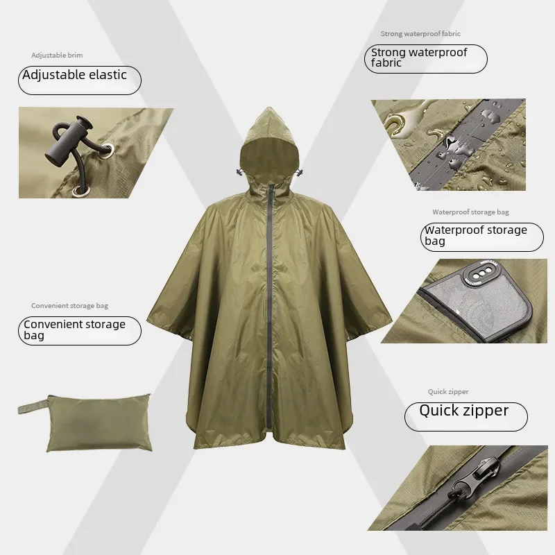 Adult Lightweight Breathable Outdoor Hiking Vest Zippered Cape Raincoat Mountain Biking Fishing Camping