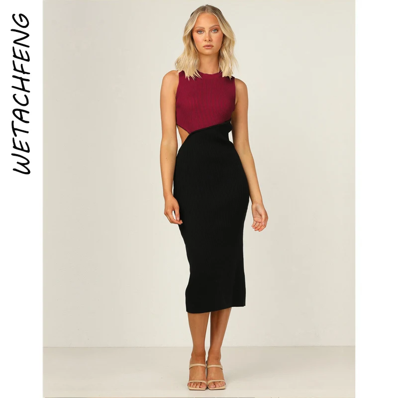 

Sexy Elegant Women Dress Hollow Out Knit Sleeveless Bodycon Midi Party Evening Black Female Dresses 2022 Sundress Robe Clothes