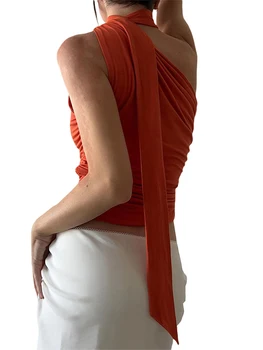 Women Solid Color Tank Tops One Shoulder Oblique Collar Sleeveless Vests Summer Fit Crop Tops with Choker 3