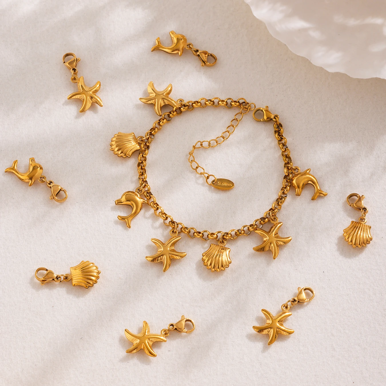 316 Edelstahl Herz-Armband Damenmode Muschel-Elefanten-Anhänger 18K Vergoldetes Handarmband Verblasst Nicht Schmuck – Detail 9