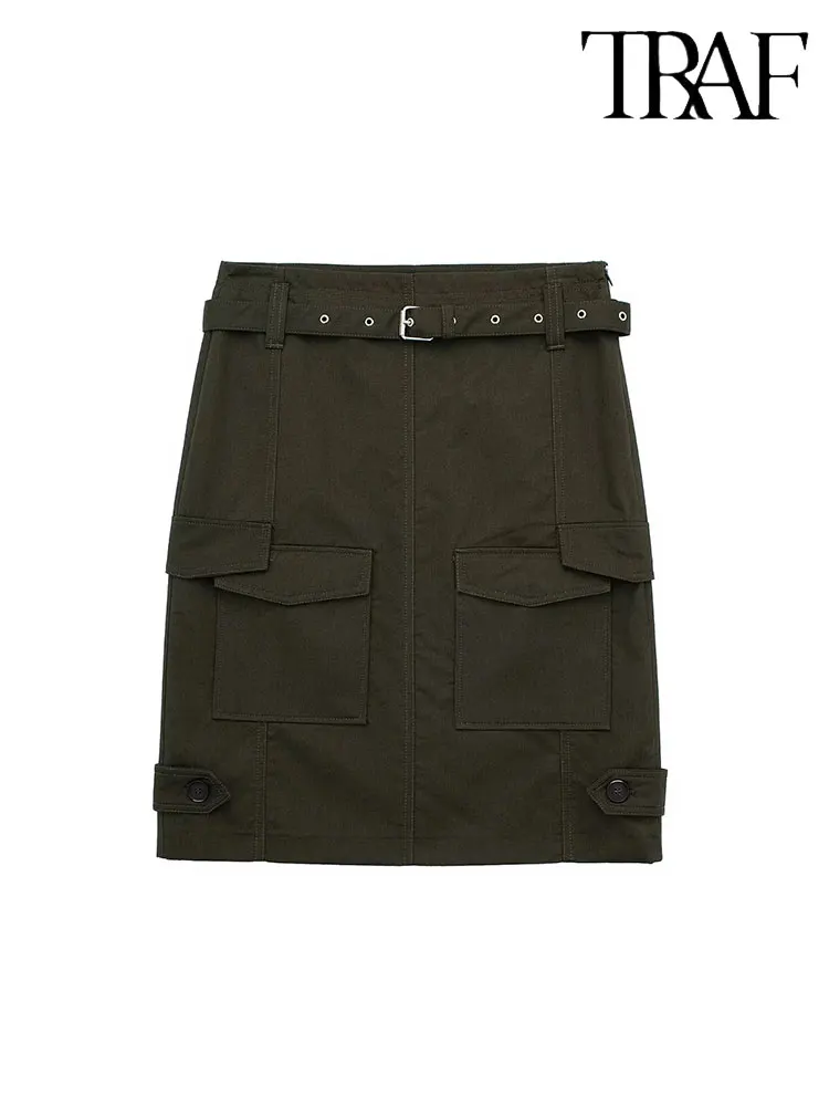 

TRAF 2023 Women Pocket Mini Skirts Fashion Vintage High Waist With Belt Spring Autumn Causal Elegant A-Line Slim Skirts