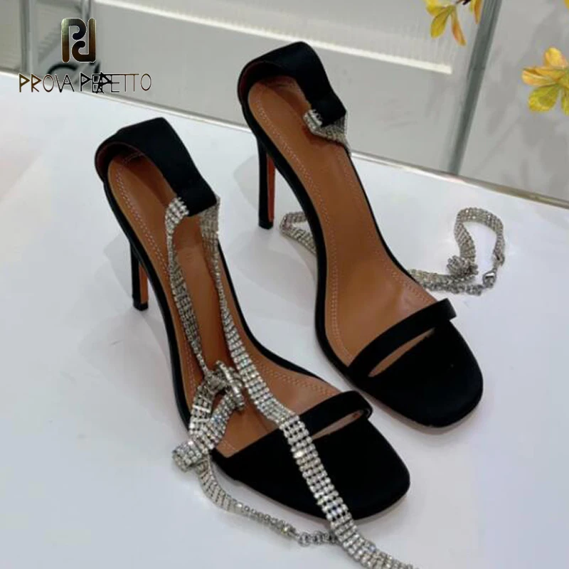 

Silk Shiny Leather Lady One Word Strap Open Toe Ankle Strap Sandal Shoes Rhinestone Strappy Thin Heel Sexy Party Celebrity Shoe