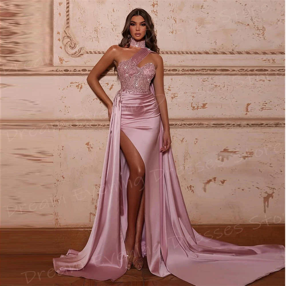 

Graceful Pink Women's Mermaid Romantic Evening Dresses Sexy Sleeveless Beaded Prom Gowns Charming Side High Split فساتين سهرة