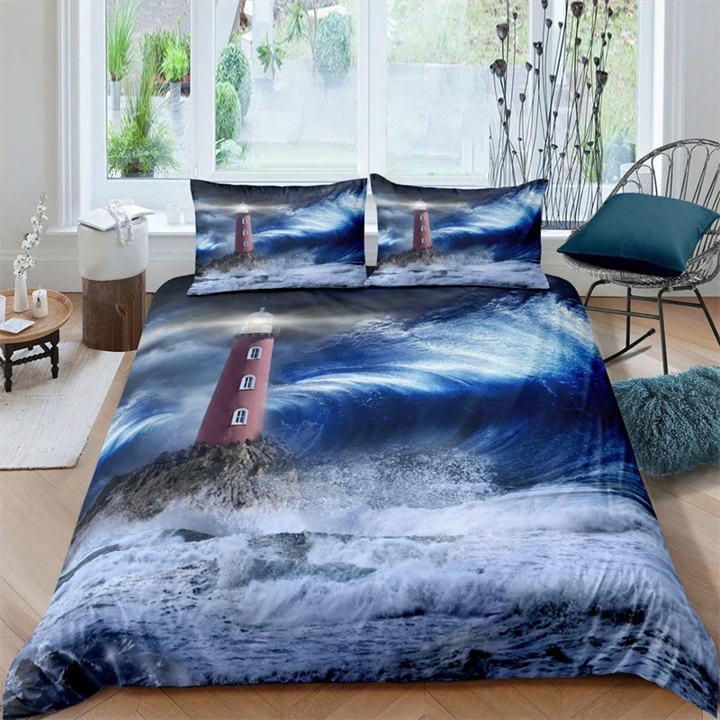 

Lighthouse Comforter Cover Nautical Duvet Cover Surfing Ocean Wave Bedding Set Full Size Coastal Nature Theme Quilt Cover Kids