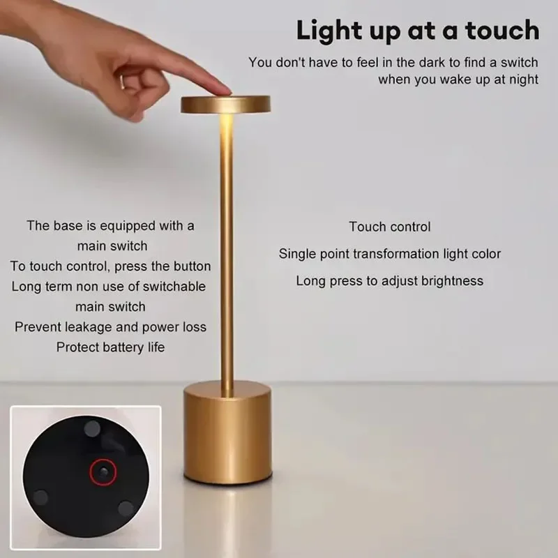 LED Light Touch Metal Table Lamp USB Rechargeable Three Colors Dimmable Desk Bedroom Night Light For Bar Room Decoration