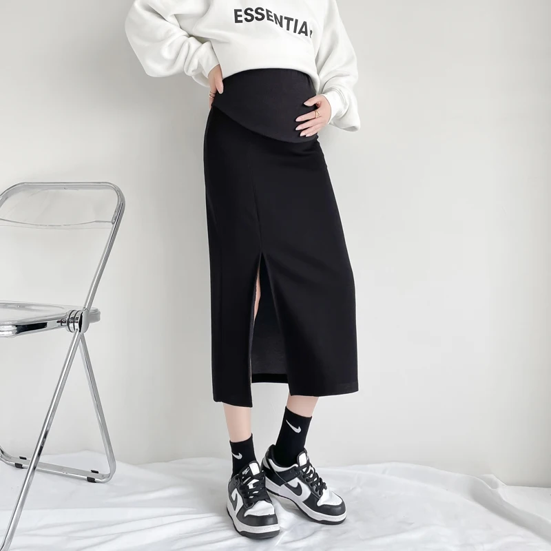 1105# Autumn Winter Cotton Knitted Maternity Skirts Side Splits Stretch Bottoms Clothes for Pregnant Women Slim Pregnancy Pencil
