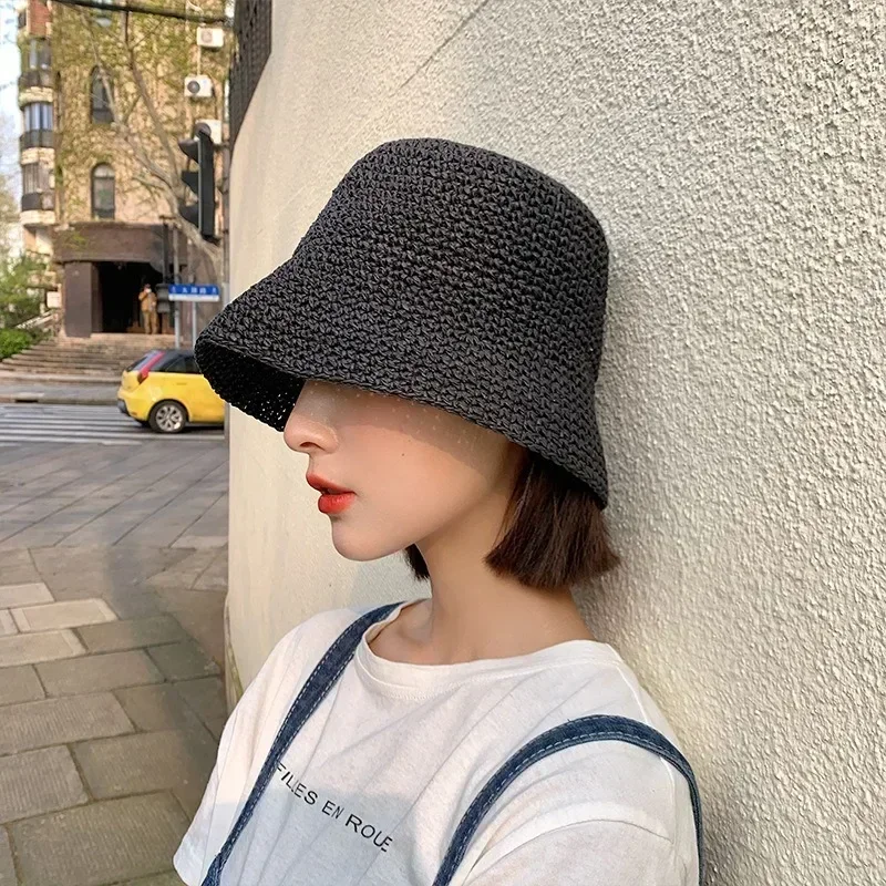 Korean Straw Bucket Hat for Women - Handwoven Summer Beach Visor, Fisherman Panama Sun Hat, Stylish Wide Brim Chapeau벙어리 모