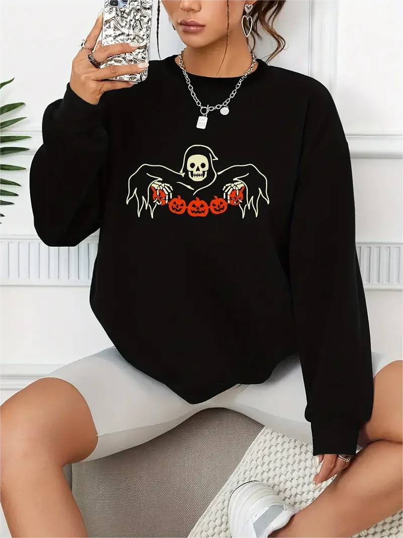 Pumpkins Print Pullover Casual Loose Fashion Long-Sleeved Sweatshirt Solid Color Women's Clothing pumpkins let s get stabby print casual loose fashion long sleeved pullover solid color women s swearshirts