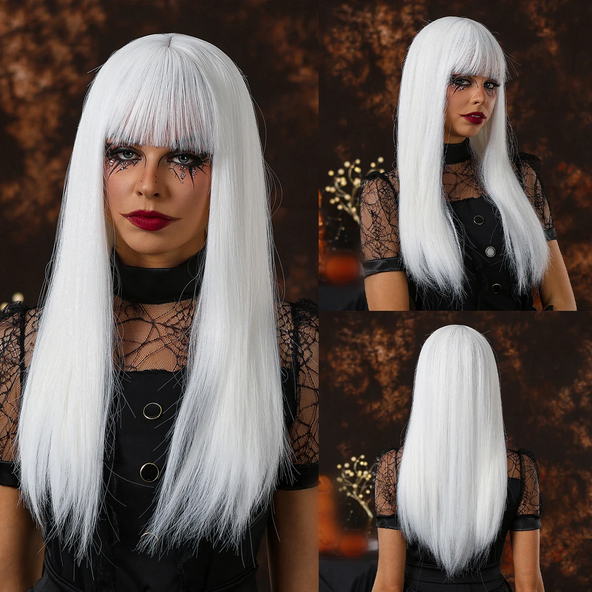 White Blonde Platinum Long Straight Wig Cosplay Halloween Party Synthetic Wig with Bangs for Women Natural Looking Lolita Hair