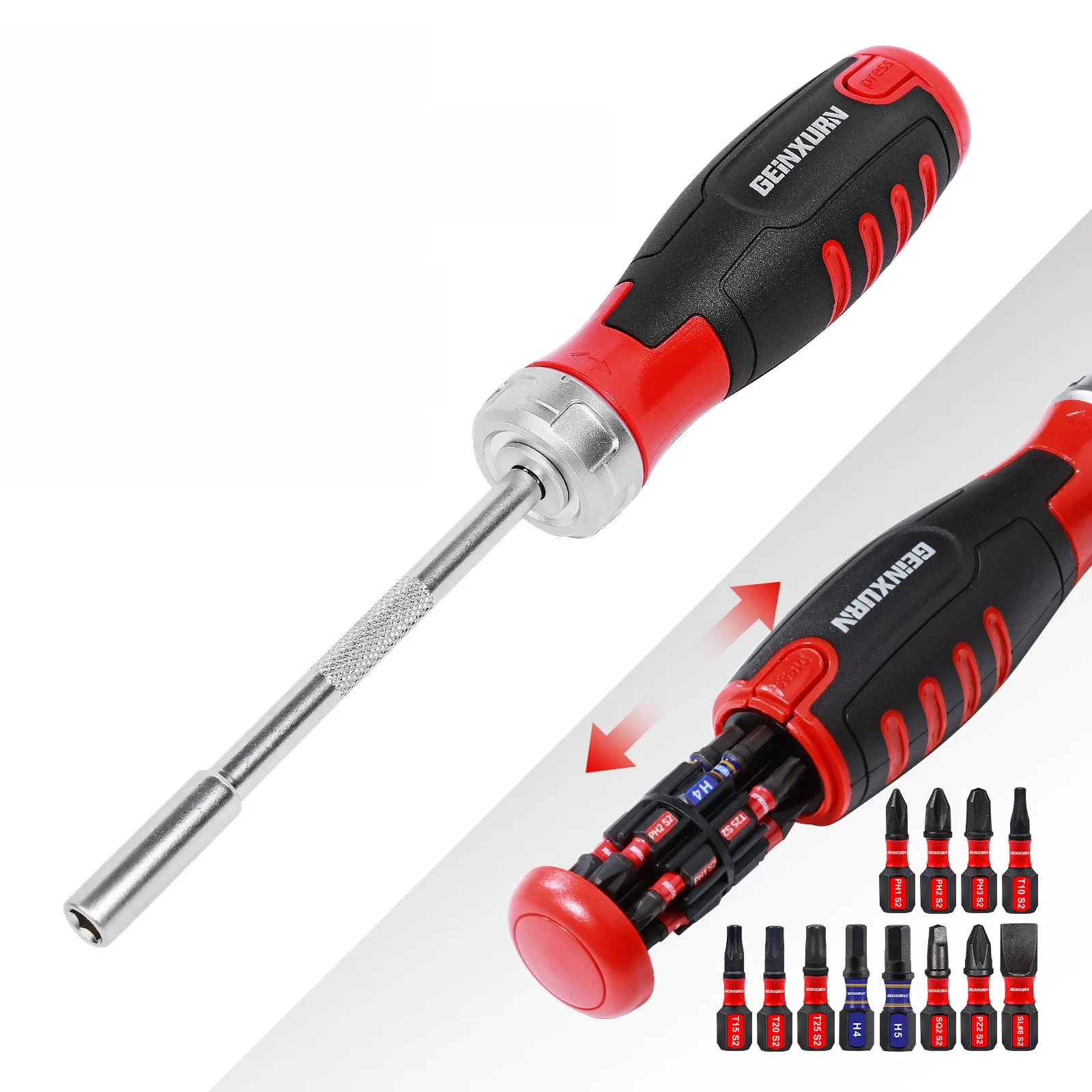 Geinxurn Ratschenschraubendreher mit Aufbewahrung, Multi-Bit, magnetisch, 1/4 Zoll Sechskantschaft, Schraubendrehergriff für Schraubendreher-Reparaturwerkzeug
