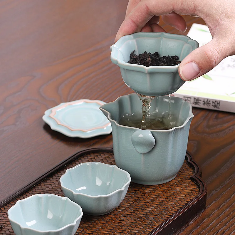 Ceramic tea set, 1 pot, 2 cups, portable integrated storage bag, outdoor, camping, home kung fu tea maker