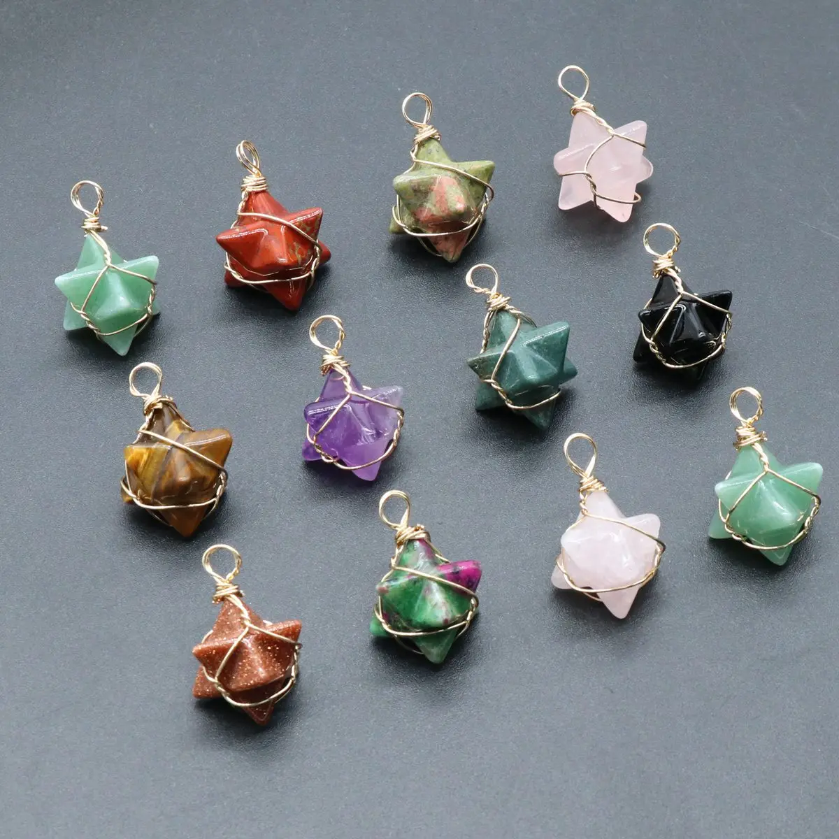 8PCS Tigers Eye Merkaba Star Pendants for Making Jewelry Necklace Stone Dangle Charms Healing Chakra Crystal
