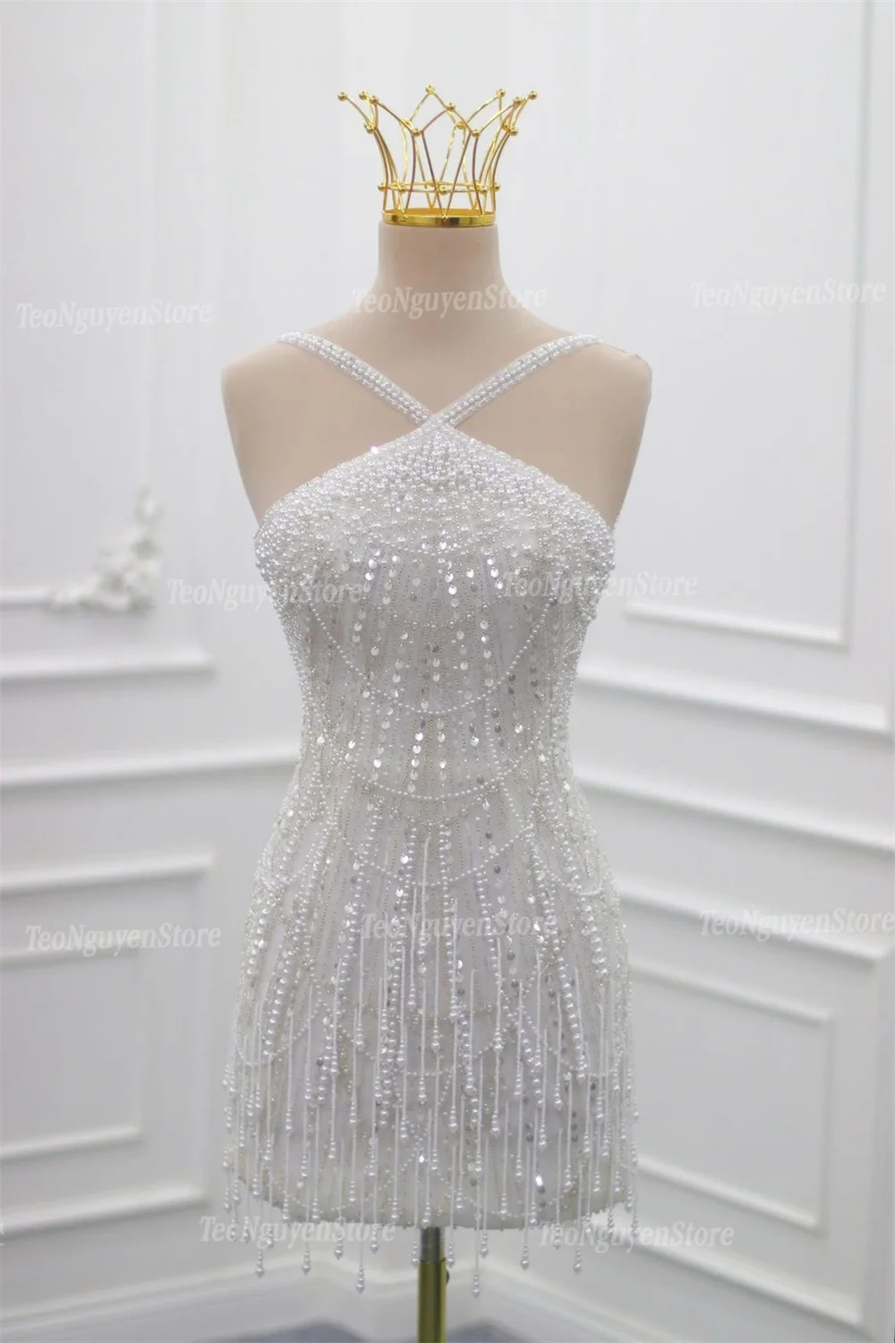 Kyoto Customized Shiny Beading Mini Sheath Wedding Dress Halter Neck Sleeveless vestidos de novia White Luxury 2025Evening Dress