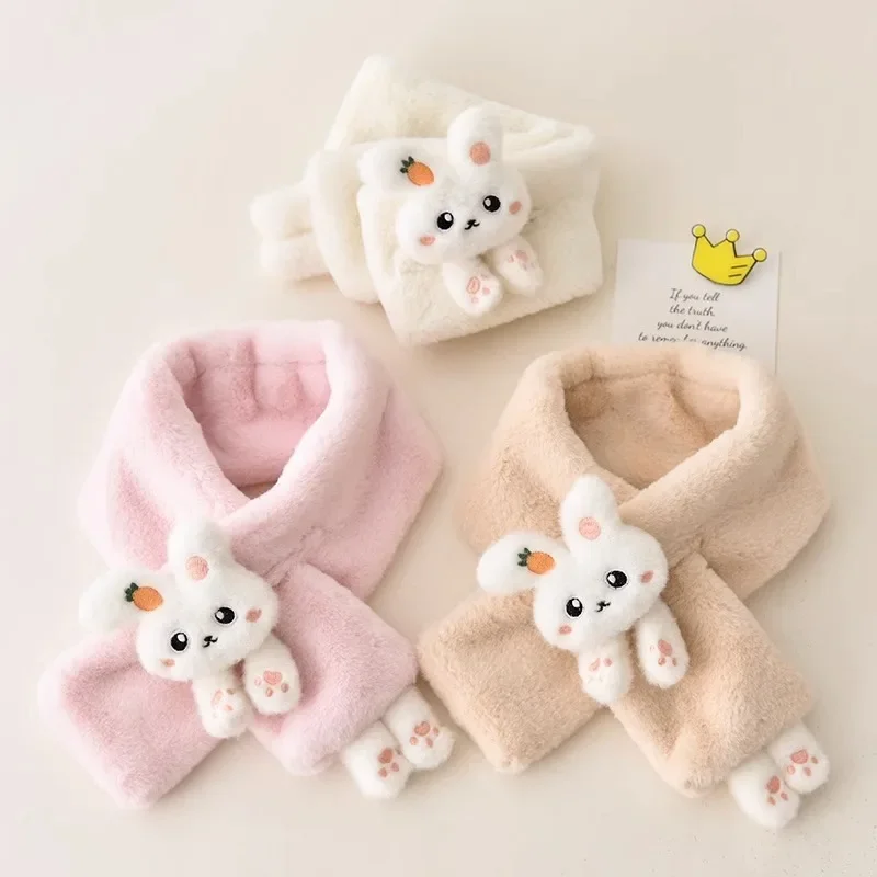 Baby Scarf Boys Girls Winter Scarfs Thick Plush Cross Children's Scarf Baby Bib Cute Cartoon Rabbit Faux Fur Neck Protection