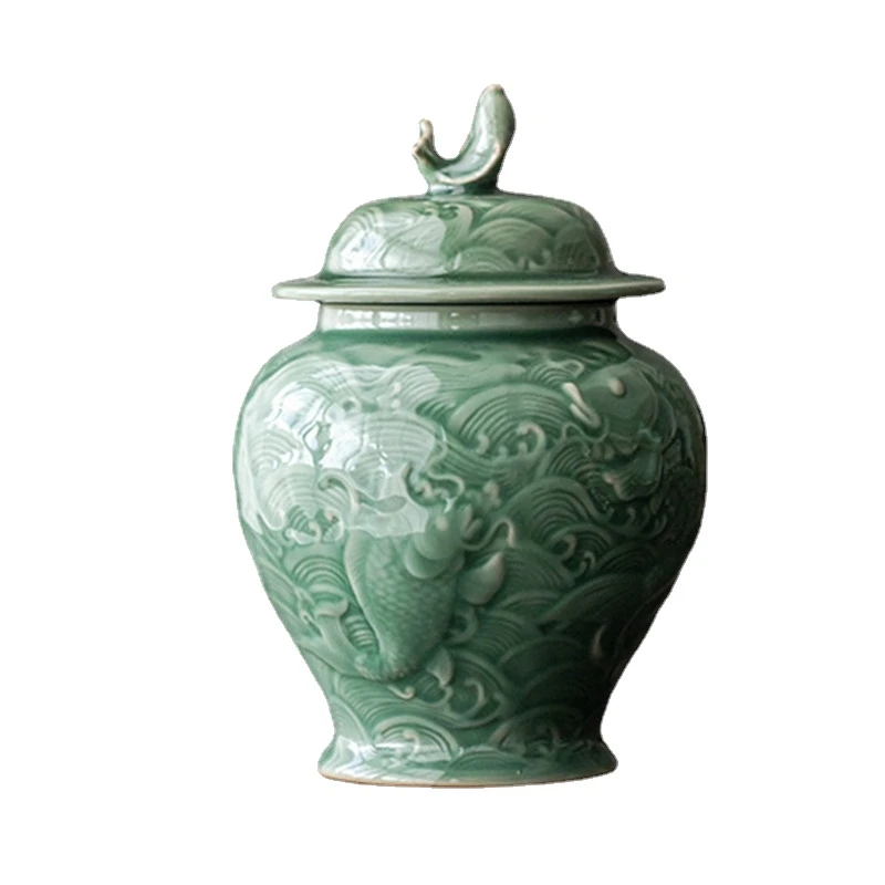 Celadon Relief Ceramic Storage Sealed Pot Kungfu Tea Set Box Chinese Ceremony Accessories