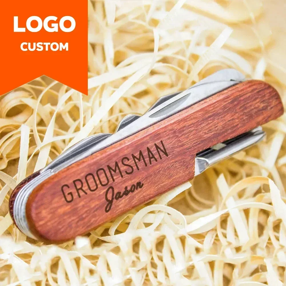 Laser Custom LOGO Wooden Multifunctional Tool Wine Opener Wedding Lover Engrave Rose Wood Knife Personalize Festival Gift wooden wine opener