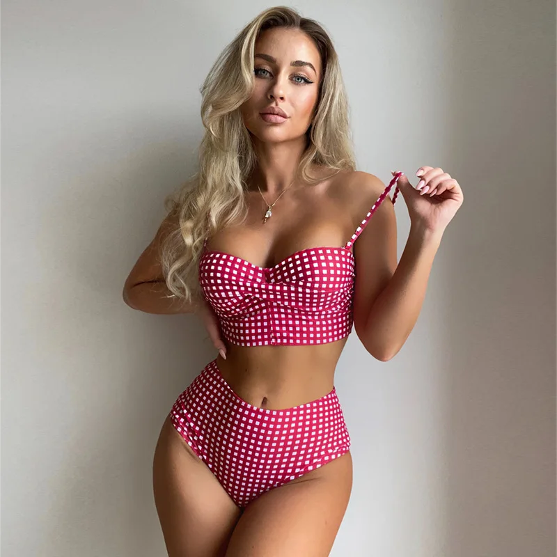 

Sexy bikini two-piece swimsuit for women Plaid high waist slim fit gathered with chest pads without steel support beach swimsuit