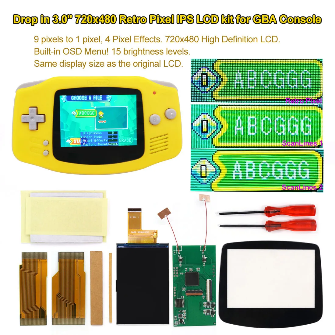Atualizar hd Alta Definição 9:1 Gota em 3.0 3.0 Polegada Backlight 720*480 Retro Pixel Osd Menu Ips Lcd Mod para Gba Avanço v5
