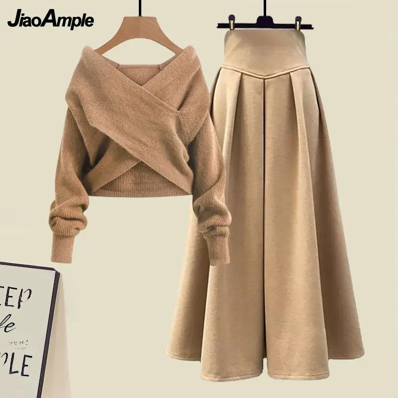 Women's Autumn Winter New Fashion Cross Knit Sweater Midi Skirt Two Piece Suit Korean Elegant Loose Pullover Dress Matching Set 4