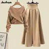 Women's Autumn Winter New Fashion Cross Knit Sweater Midi Skirt Two Piece Suit Korean Elegant Loose Pullover Dress Matching Set 4