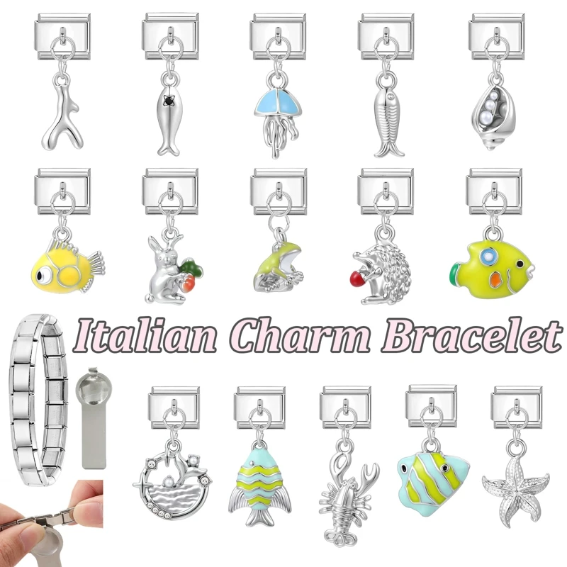Women Italian Stainless Steel Link Charm Bracelet