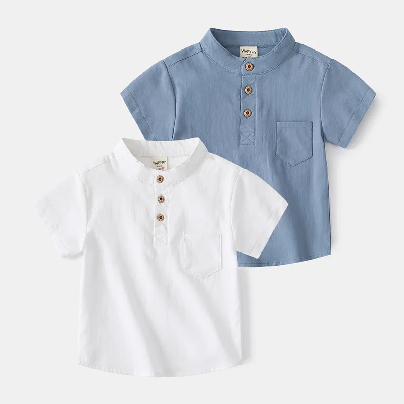 Children's White Mandarin Collar Shirts Short Sleeve Pockets Button T-shirts Kids Tees Tops for 0-7 Years Handsome Fashion kids shirts,boys shirts