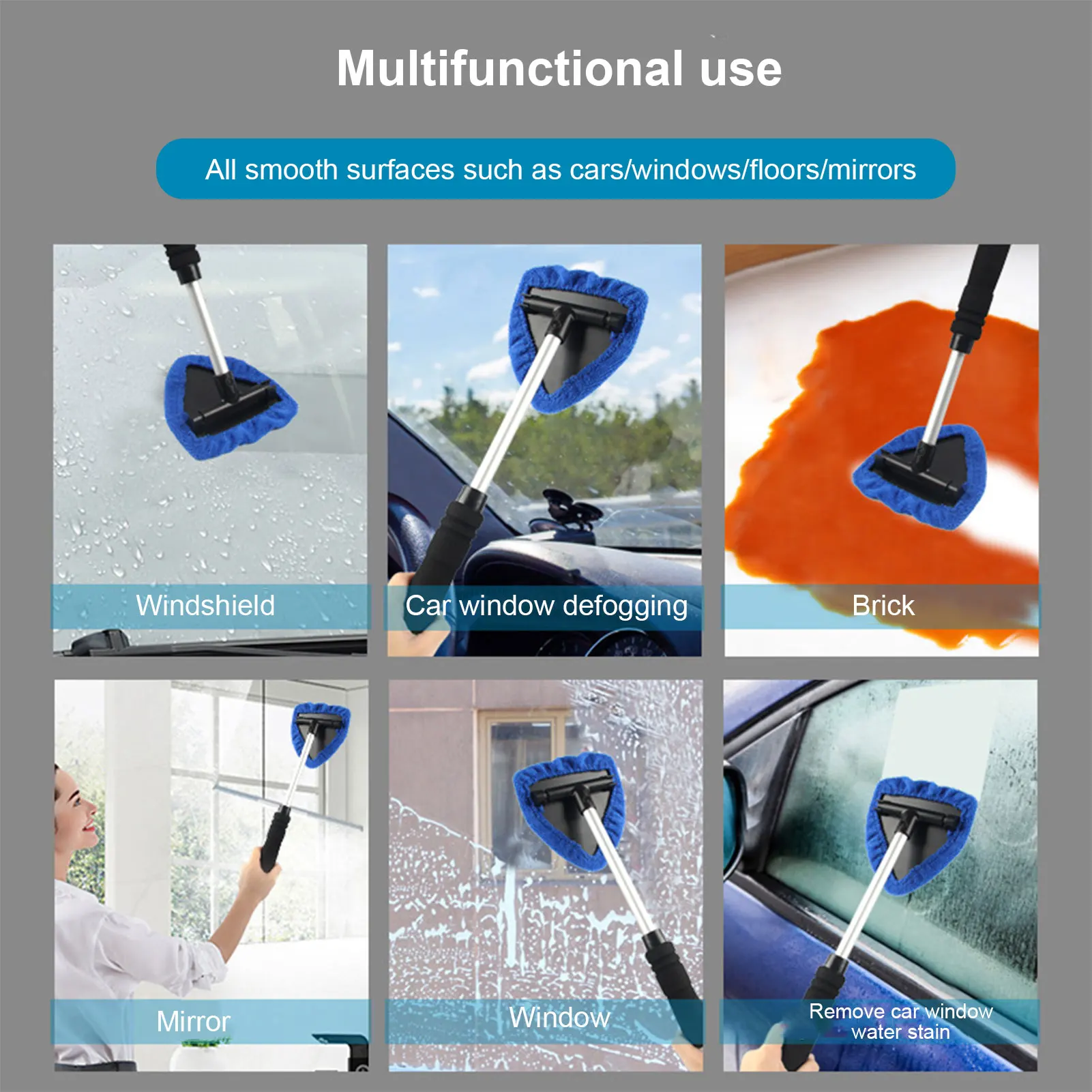 Window Cleaner 2 in 1 Window Cleaning Tool Kit with with Bendable Head,  64'' Telescopic Window Washing Equipment for Indoor/Outdoor Car Glass - 3  Pads 