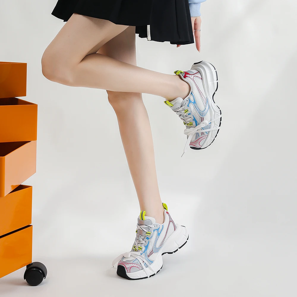 SOMILISS Women Chunky Sneakers Microfiber Leather Mesh Lace Up Ladies Spring Summer Fashion Designer Model Platform Casual Shoes